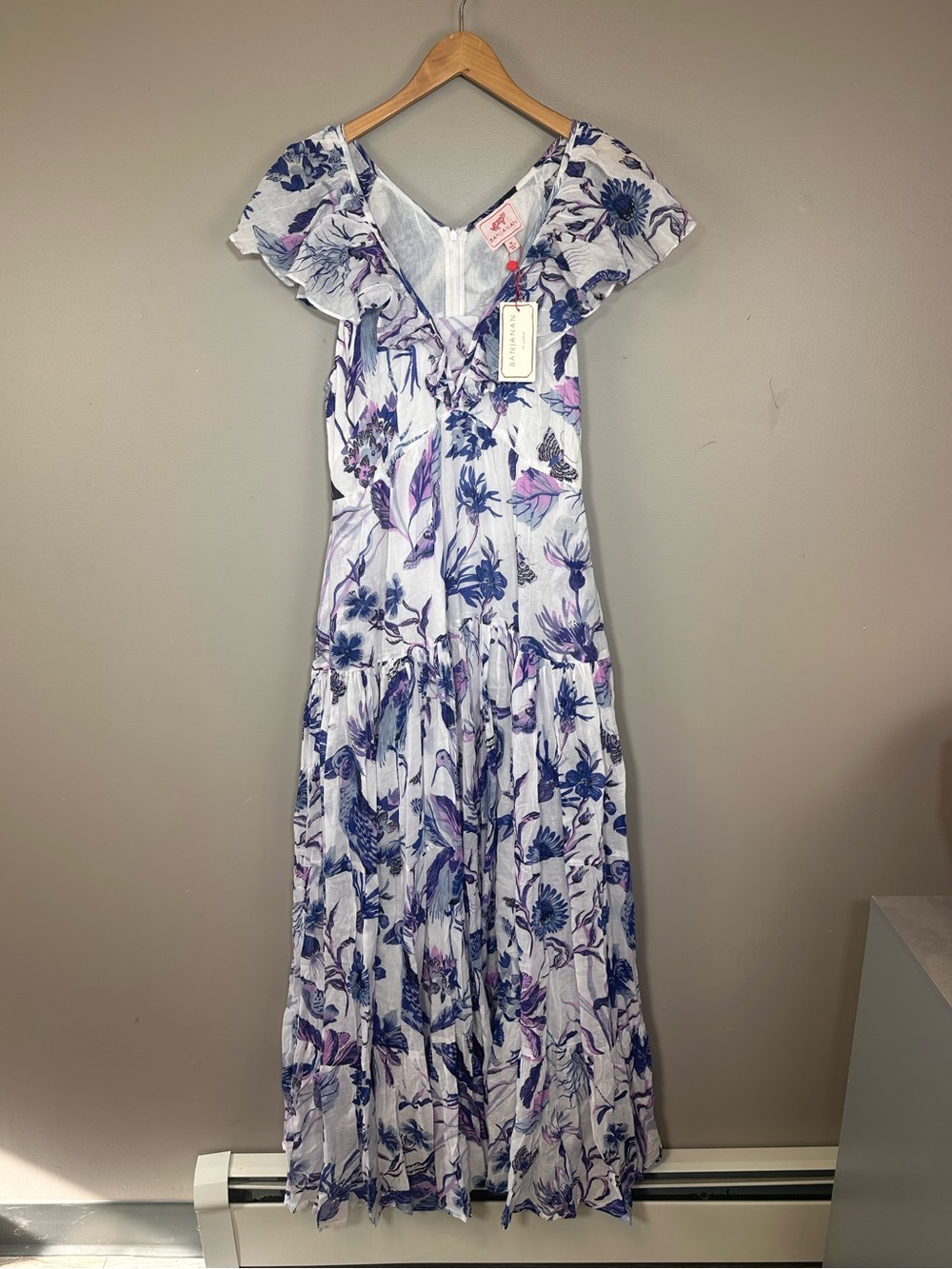 Banjanan White Maxi Dress with Blue Floral Print 100% Cotton Gladys